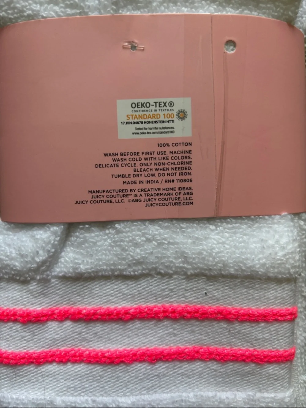 Juicy Couture White Hand Towels with Neon Pink Stripes